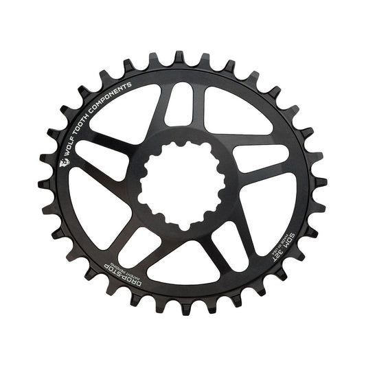 Prato único oval WOLF TOOTH ELLIPTICAL 10/11/12 velocidades Sram, montagem direta, offset de 6 mm, preto — vista do prato sobre fundo branco
