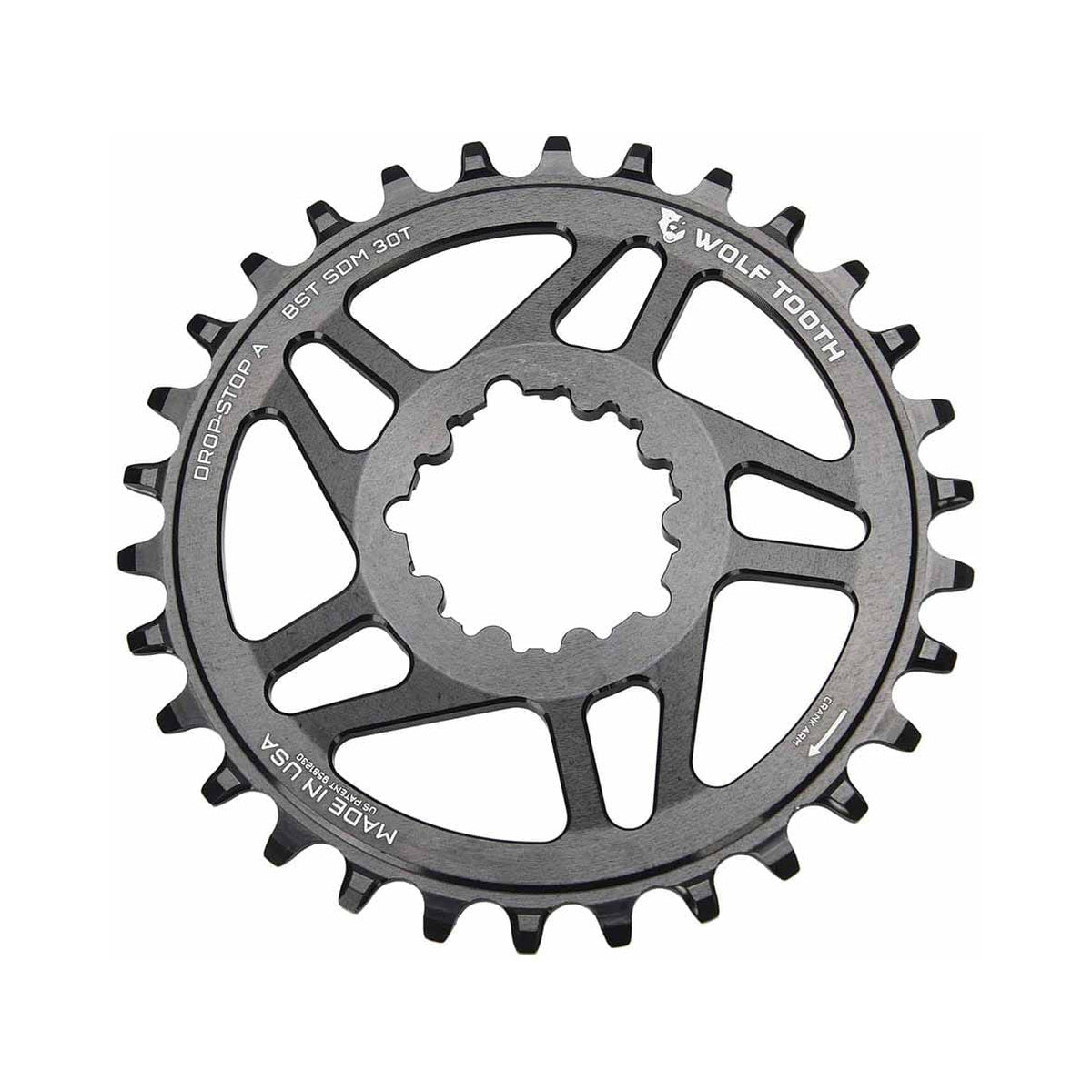 Plateau Mono WOLF TOOTH BOOST 10/11/12V Sram Direct Mount Offset 3mm Noir — vue du plateau sur fond blanc