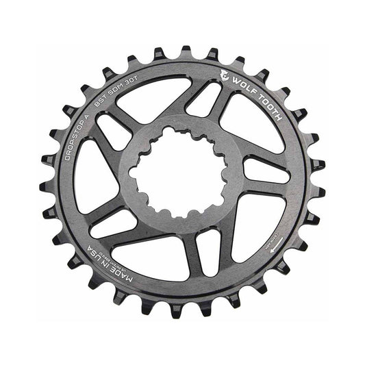 Prato único WOLF TOOTH BOOST 10/11/12 velocidades Sram, montagem direta, offset de 3 mm, preto — vista do prato sobre fundo branco