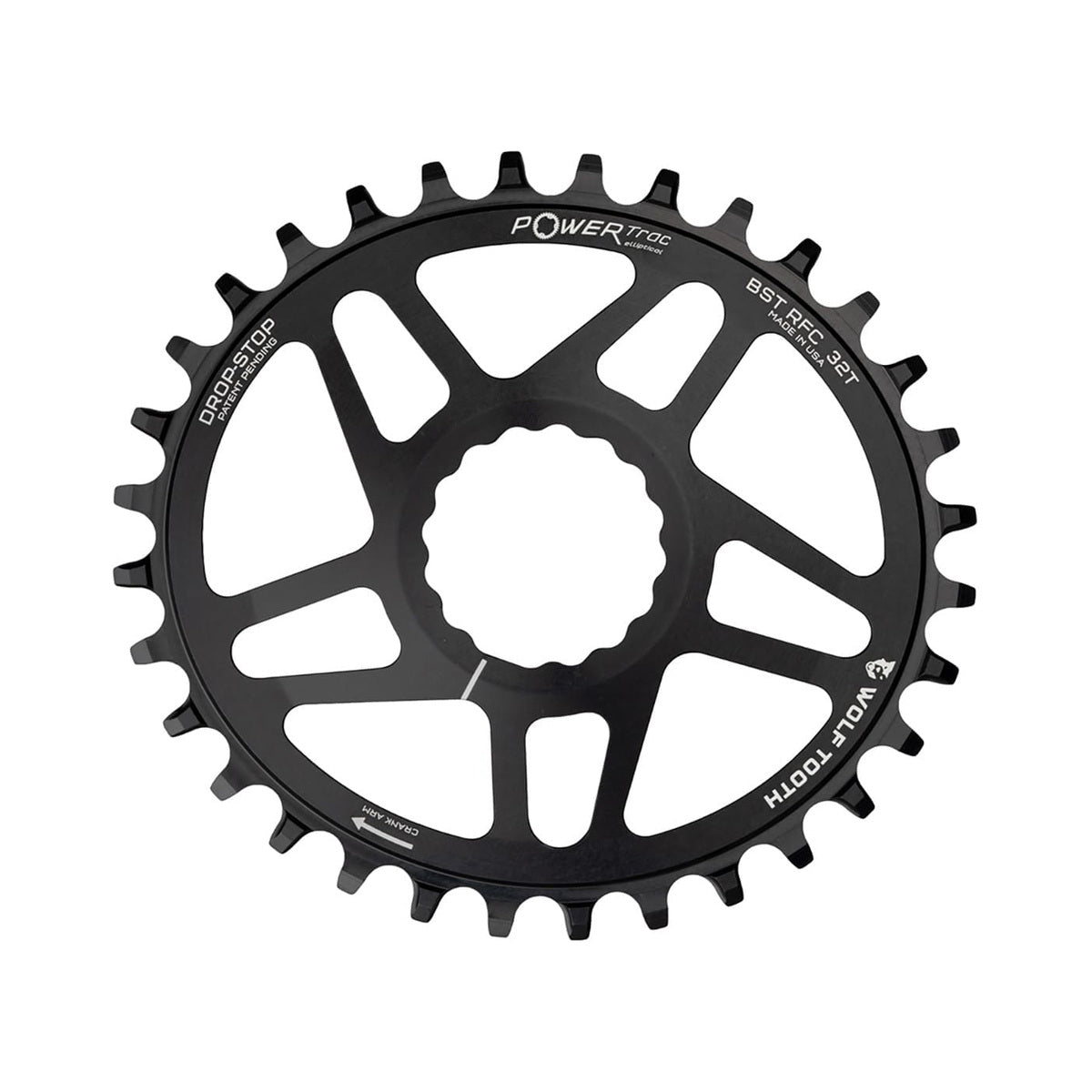 Prato único oval WOLF TOOTH ELLIPTICAL BOOST 12 velocidades Raceface CINCH, montagem direta, offset de 3 mm, preto — vista do prato sobre fundo branco