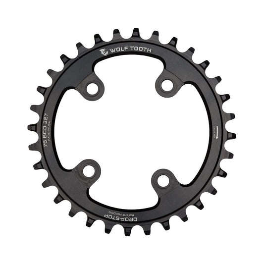 Prato único WOLF TOOTH 76 BCD 10/11/12 velocidades Sram XX1/Specialized STOUT, 4 furos, 76 mm, preto — vista do prato sobre fundo branco