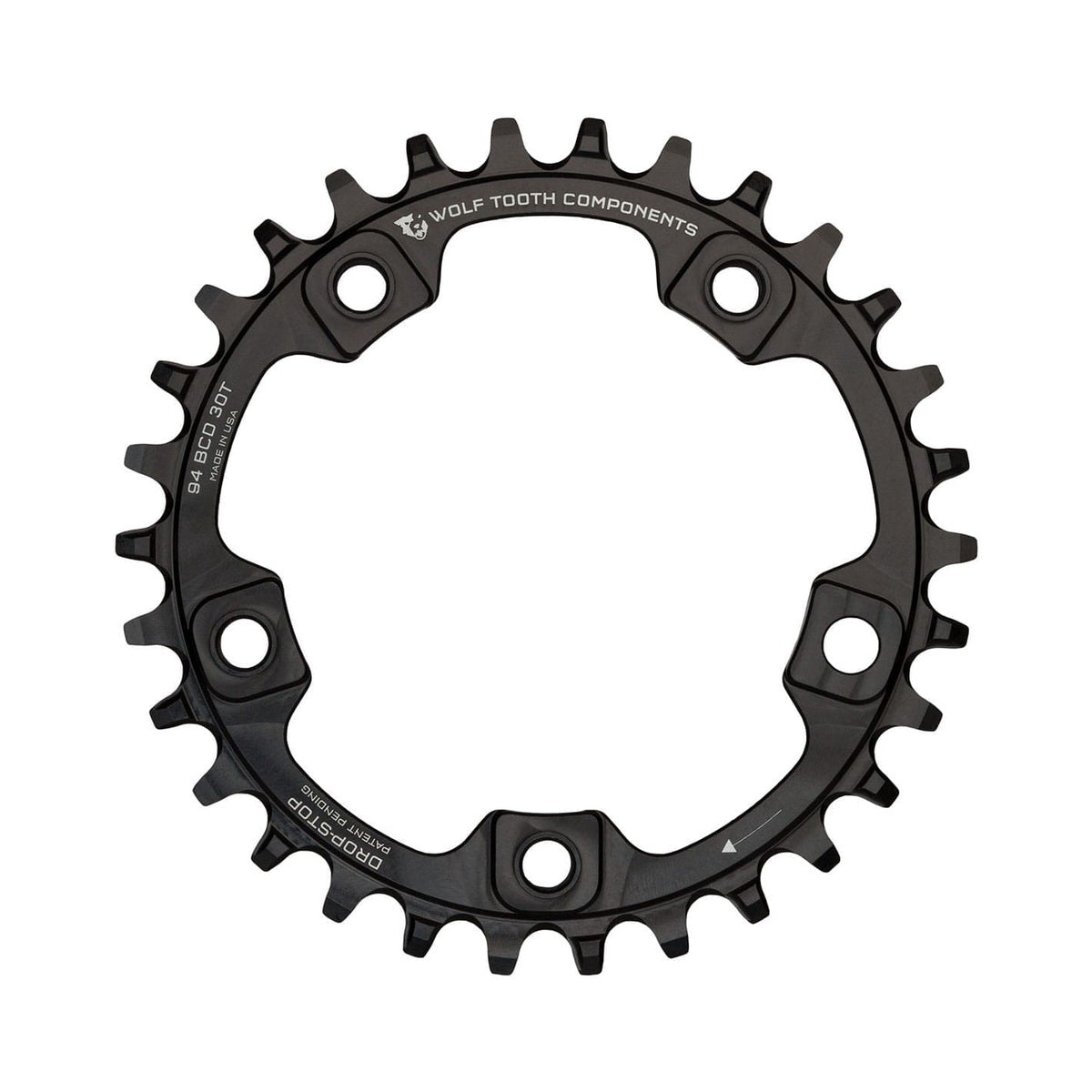 Plateau Mono WOLF TOOTH 94 BCD 9/10/11/12V 5 Trous 94mm Noir — vue du plateau sur fond blanc
