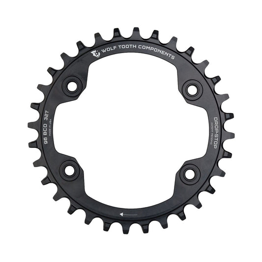 Prato único WOLF TOOTH 96 BCD 11 velocidades Shimano XTR M9000/M9020, 4 furos, 96 mm, preto — vista do prato sobre fundo branco