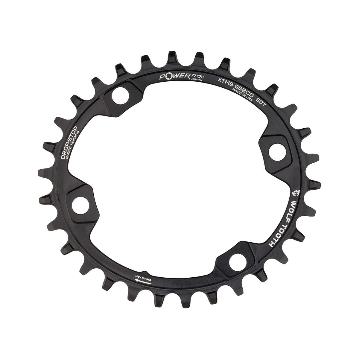 Prato único oval WOLF TOOTH ELLIPTICAL 96 BCD 11 velocidades Shimano XT M8000/SLX M7000, 4 furos, 96 mm, preto — vista do prato sobre fundo branco
