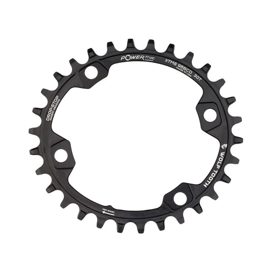 Prato único oval WOLF TOOTH ELLIPTICAL 96 BCD 11 velocidades Shimano XT M8000/SLX M7000, 4 furos, 96 mm, preto — vista do prato sobre fundo branco