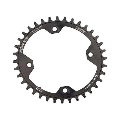 Prato único oval WOLF TOOTH ELLIPTICAL 104 BCD 12 velocidades Shimano, 4 furos, 104 mm, preto — vista do prato sobre fundo branco