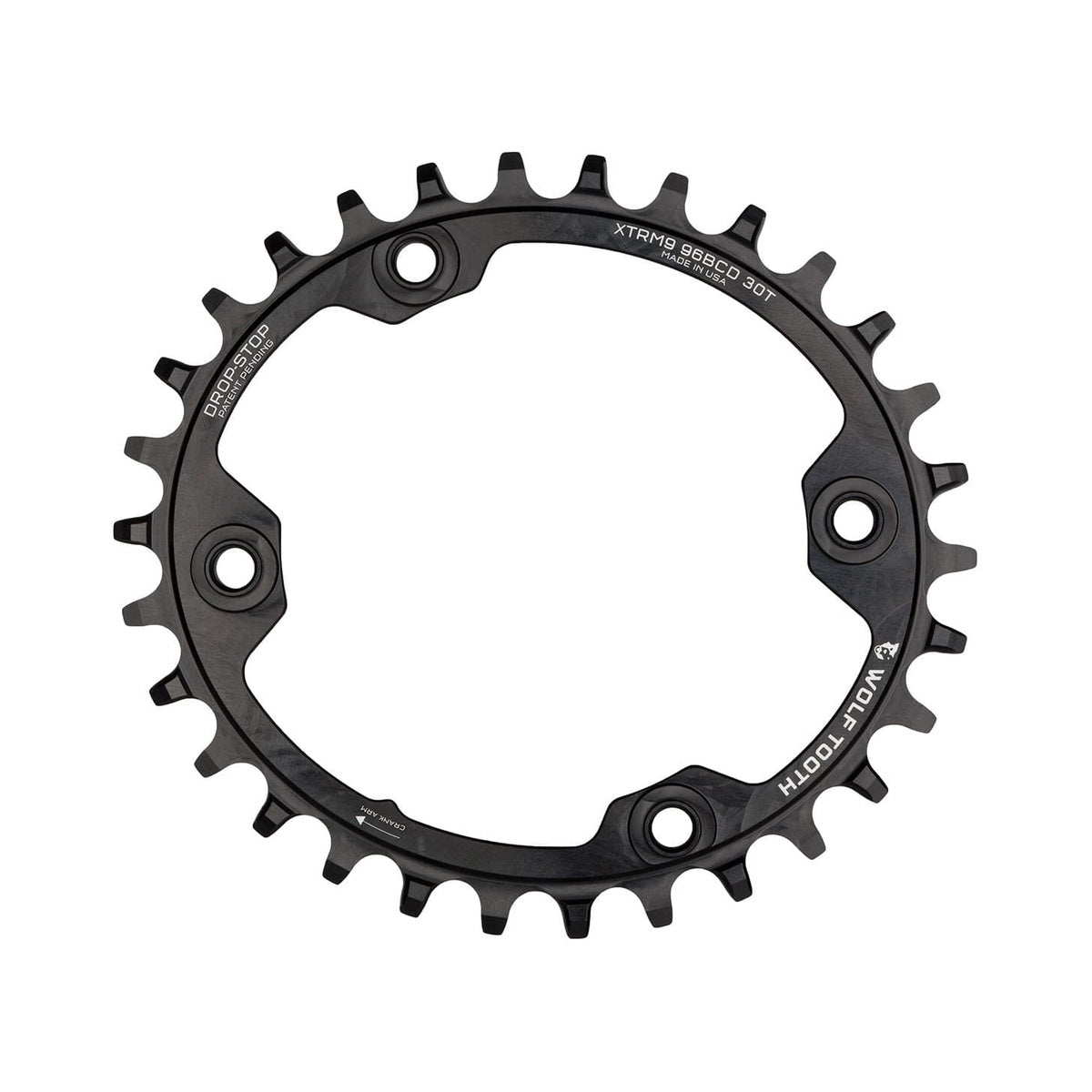 Prato único oval WOLF TOOTH ELLIPTICAL 96 BCD 11 velocidades Shimano XTR M9000/9020, 4 furos, 96 mm, preto — vista do prato sobre fundo branco
