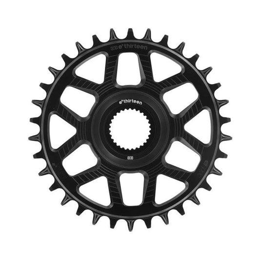 Prato único E-THIRTEEN HELIX RACE E-SPEC 11/12V de montagem direta Bosch Gen4, desvio de 15 mm, preto — vista do prato sobre fundo branco