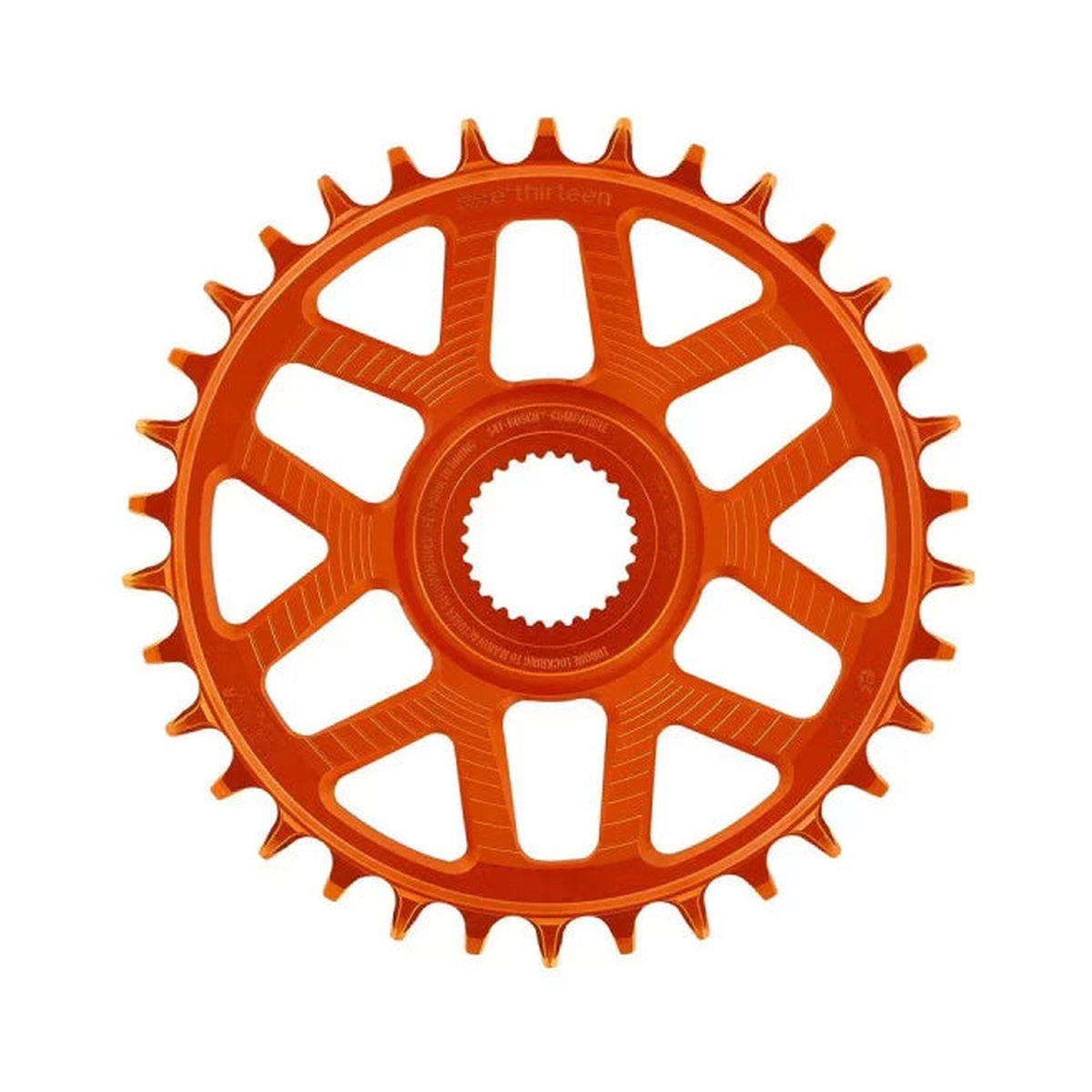 Prato único E-THIRTEEN HELIX RACE E-SPEC 11/12V de montagem direta Bosch Gen4, desvio de 13 mm, laranja — vista do prato sobre fundo branco