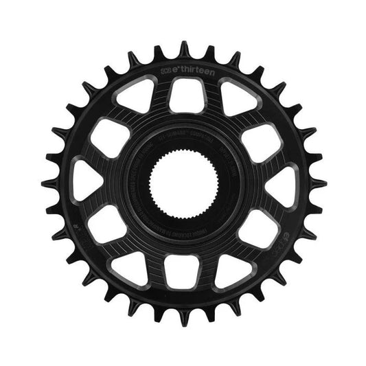 Prato único E-THIRTEEN HELIX RACE E-SPEC 11/12V de montagem direta Shimano EP8, preto — vista do prato sobre fundo branco