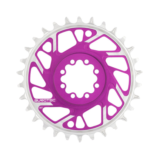 Prato único BURGTEC THICK THIN 12V BOOST de montagem direta, 8 parafusos, T-Type Narrow Wide, desvio de 3 mm, violeta — vista do prato sobre fundo branco