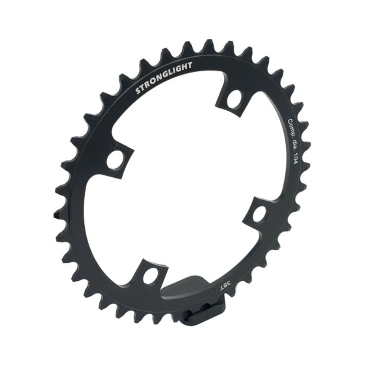 Prato único STRONGLIGHT BOSCH GEN1/GEN3 1V/8V/9V/10V, BCD de 104 mm (Bosch, Shimano, Yamaha, Bafang, Brose…), em aço — vista do prato sobre fundo branco
