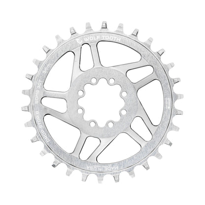 Prato único WOLF TOOTH DROP-STOP B DM de 8 parafusos, Sram Eagle Boost, desvio de 3 mm, prata natural — vista do prato sobre fundo branco