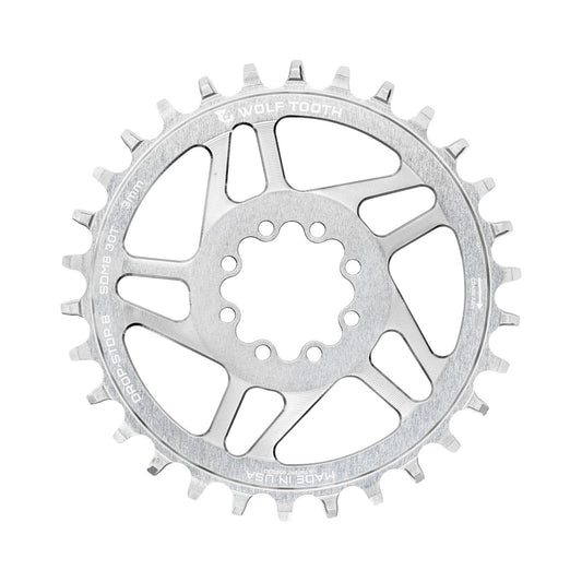 Prato único WOLF TOOTH DROP-STOP B DM de 8 parafusos, Sram Eagle Boost, desvio de 3 mm, prata natural — vista do prato sobre fundo branco