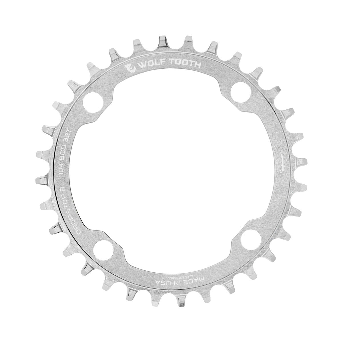 Prato único WOLF TOOTH DROP-STOP B de 104 mm, prata natural — vista do prato sobre fundo branco