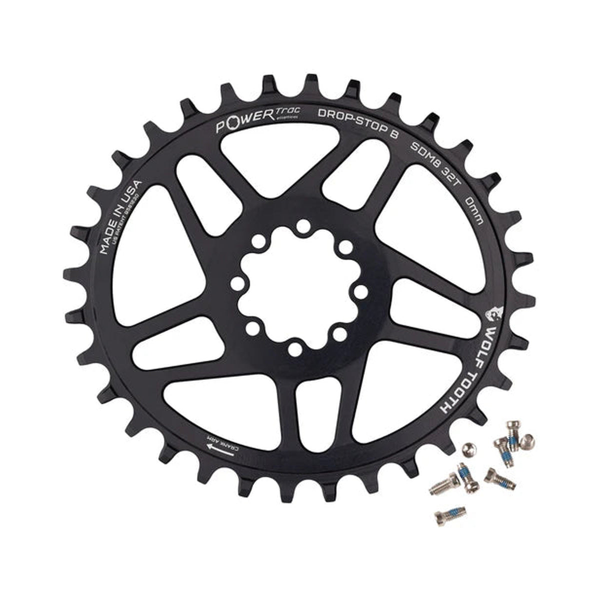 Prato único oval WOLF TOOTH 12V SRAM de montagem direta, 8 parafusos, desvio de 3 mm — vista do prato sobre fundo branco