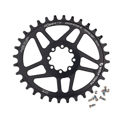 Prato único oval WOLF TOOTH 12V SRAM de montagem direta, 8 parafusos, desvio de 3 mm — vista do prato sobre fundo branco