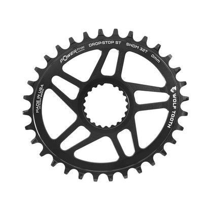 Prato único oval WOLF TOOTH 12V SHIMANO de montagem direta, desvio de 0 mm — vista do prato sobre fundo branco