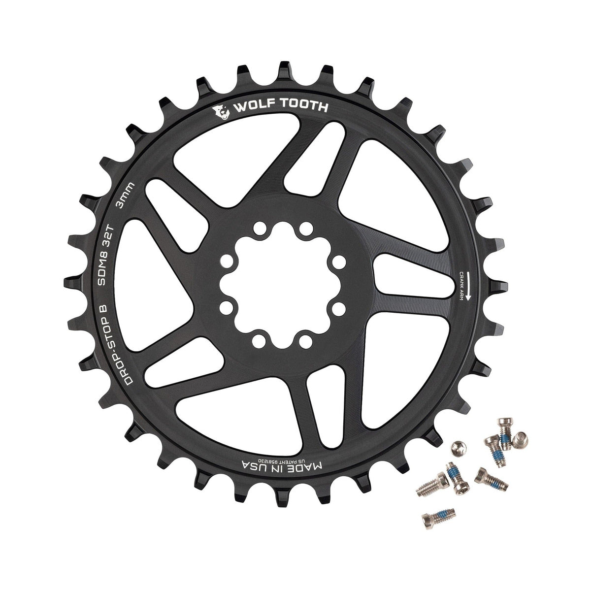 Prato único WOLF TOOTH 12V SRAM de montagem direta com 8 parafusos, offset de 3 mm — vista do prato sobre fundo branco