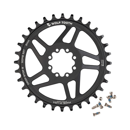 Prato único WOLF TOOTH 12V SRAM de montagem direta com 8 parafusos, offset de 3 mm — vista do prato sobre fundo branco