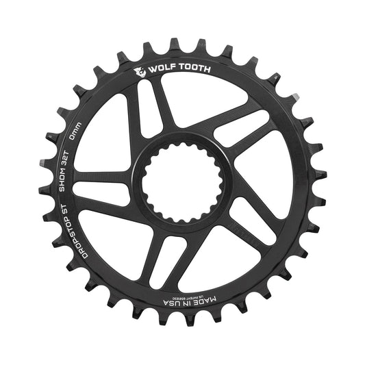 Prato único WOLF TOOTH 12V SHIMANO de montagem direta, desvio de 0 mm — vista do prato sobre fundo branco