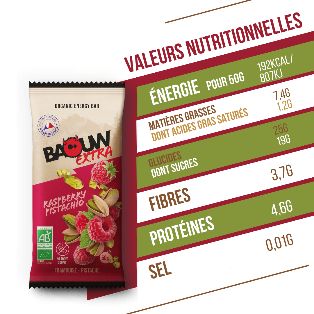 BAOUW ORGANIC EXTRA Barra energética de framboesa e pistácio (50g)