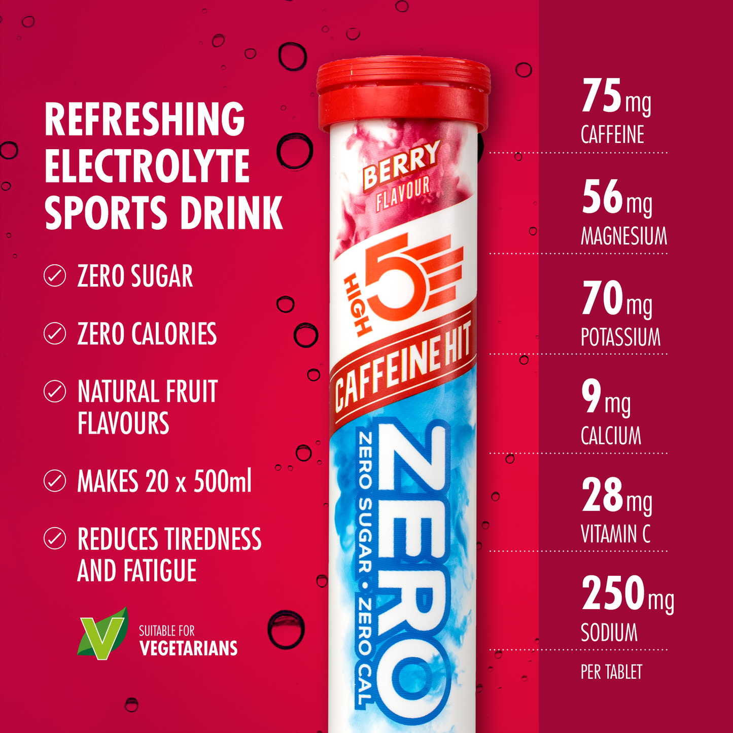 Comprimidos de hidratação electrolítica HIGH5 ZERO Cafeína (x20) Frutos Vermelhos