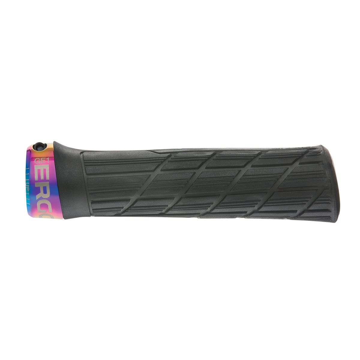 Punhos ERGON GE1 EVO Factory pretos Stealth Frozen com abraçadeiras Oil Slick - pormenor