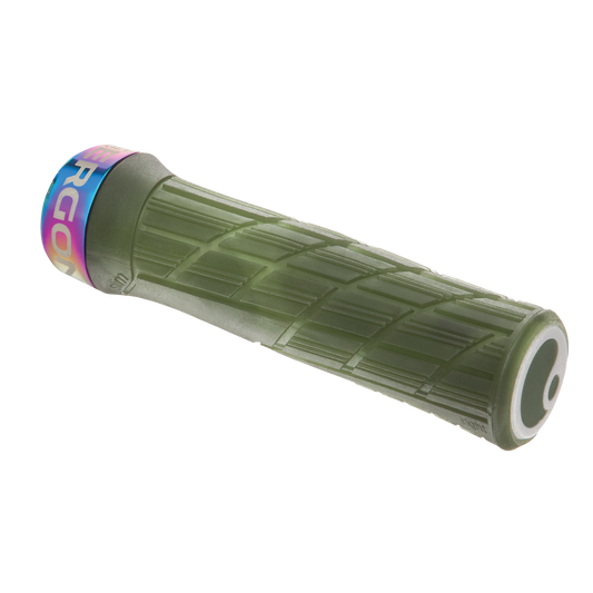 Punhos ERGON GE1 EVO Factory Slim verdes Frozen Moss com abraçadeiras Oil Slick