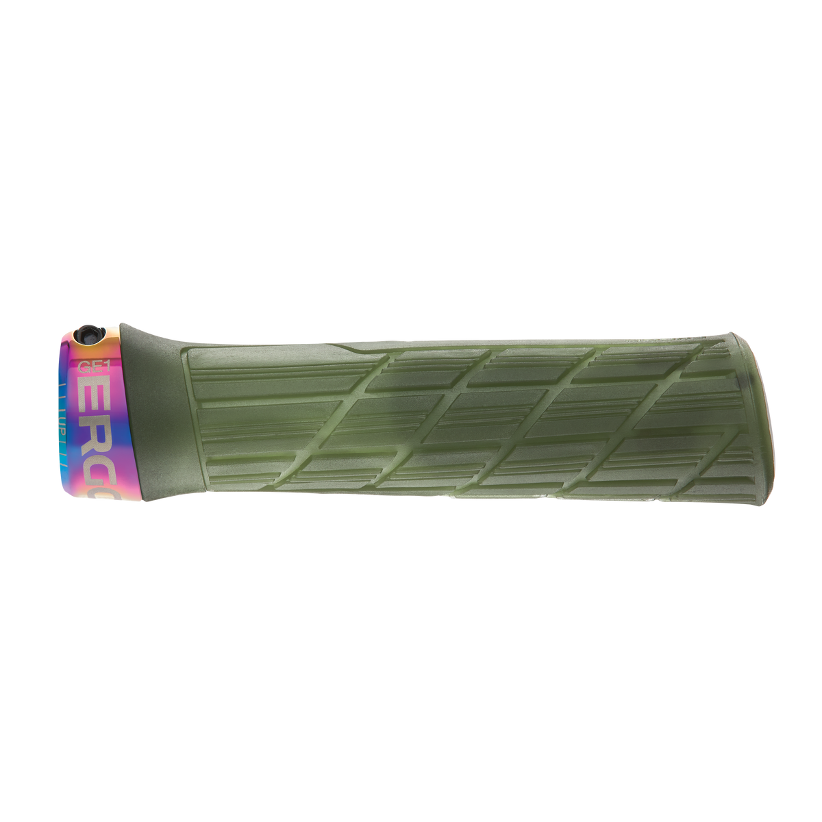 Punhos ERGON GE1 EVO Factory Slim verdes Frozen Moss com abraçadeiras Oil Slick - pormenor