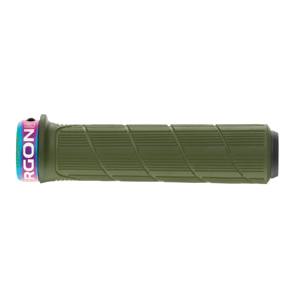 Punhos ERGON GD1 EVO Factory verde-musgo gelado com anéis de fixação Oil Slick — pormenor