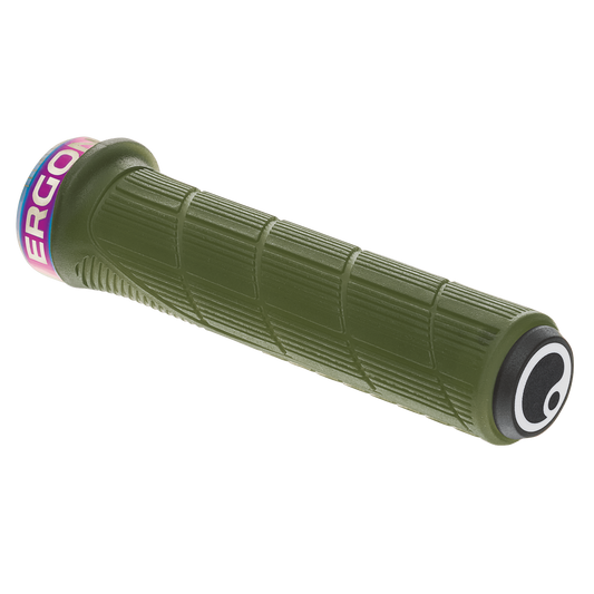 Punhos ERGON GD1 EVO Slim Factory verde-musgo gelado com anéis de fixação Oil Slick