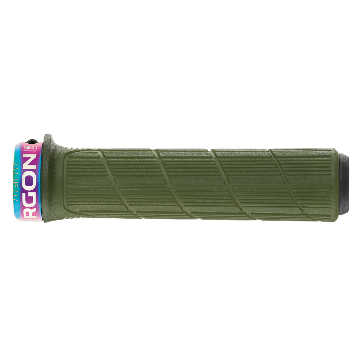 Punhos ERGON GD1 EVO Slim Factory verde-musgo gelado com anéis de fixação Oil Slick — pormenor