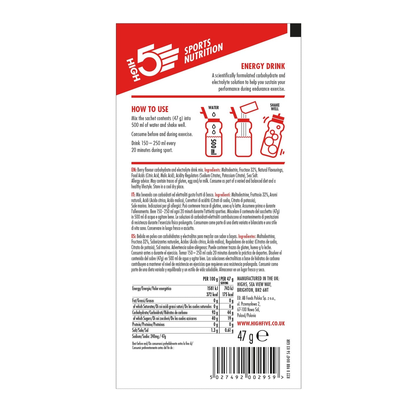 Bebida energética HIGH5 ENERGY DRINK (47g) Frutos vermelhos