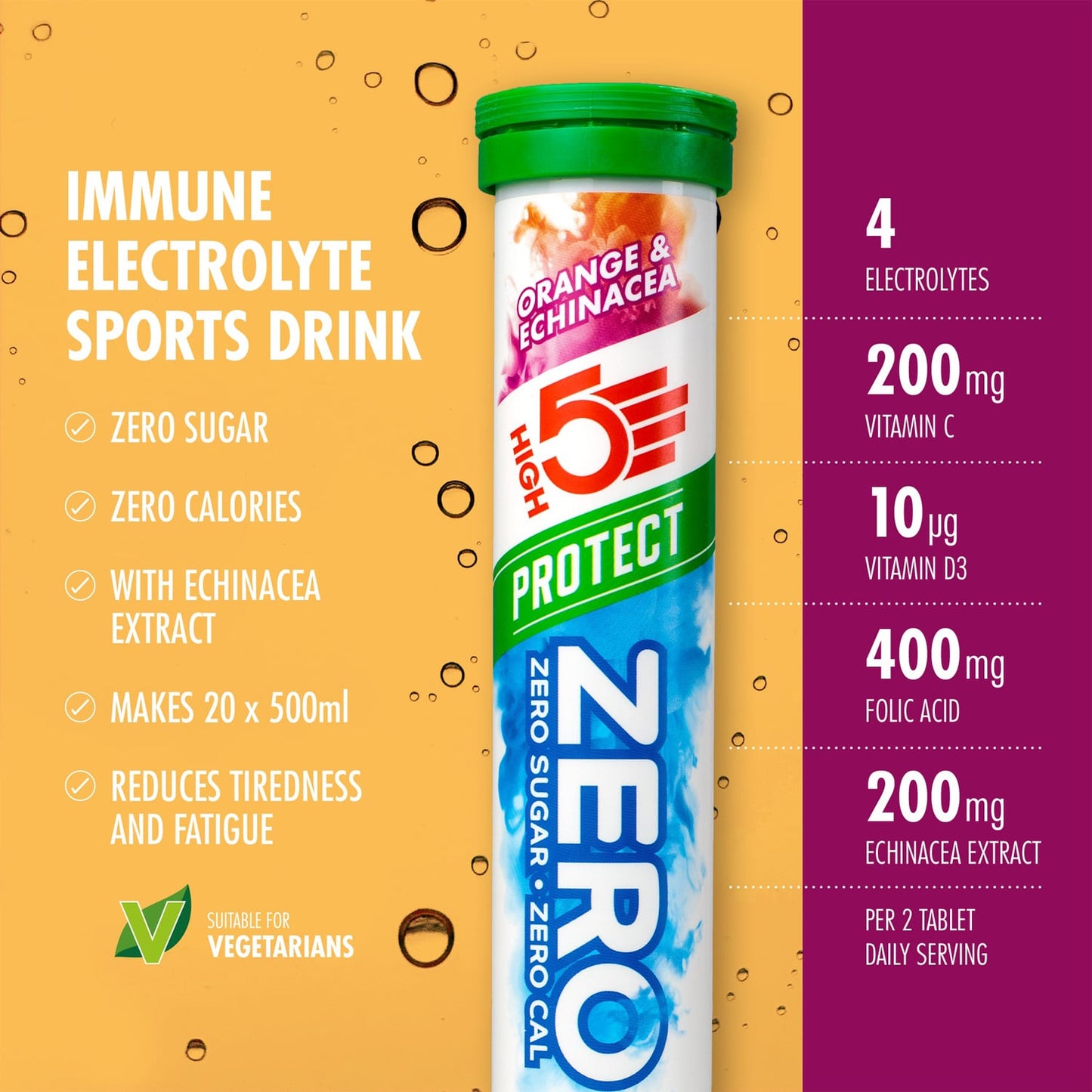 Comprimidos de hidratação electrolítica HIGH5 ZERO PROTECT (x20) Laranja e Equinácea