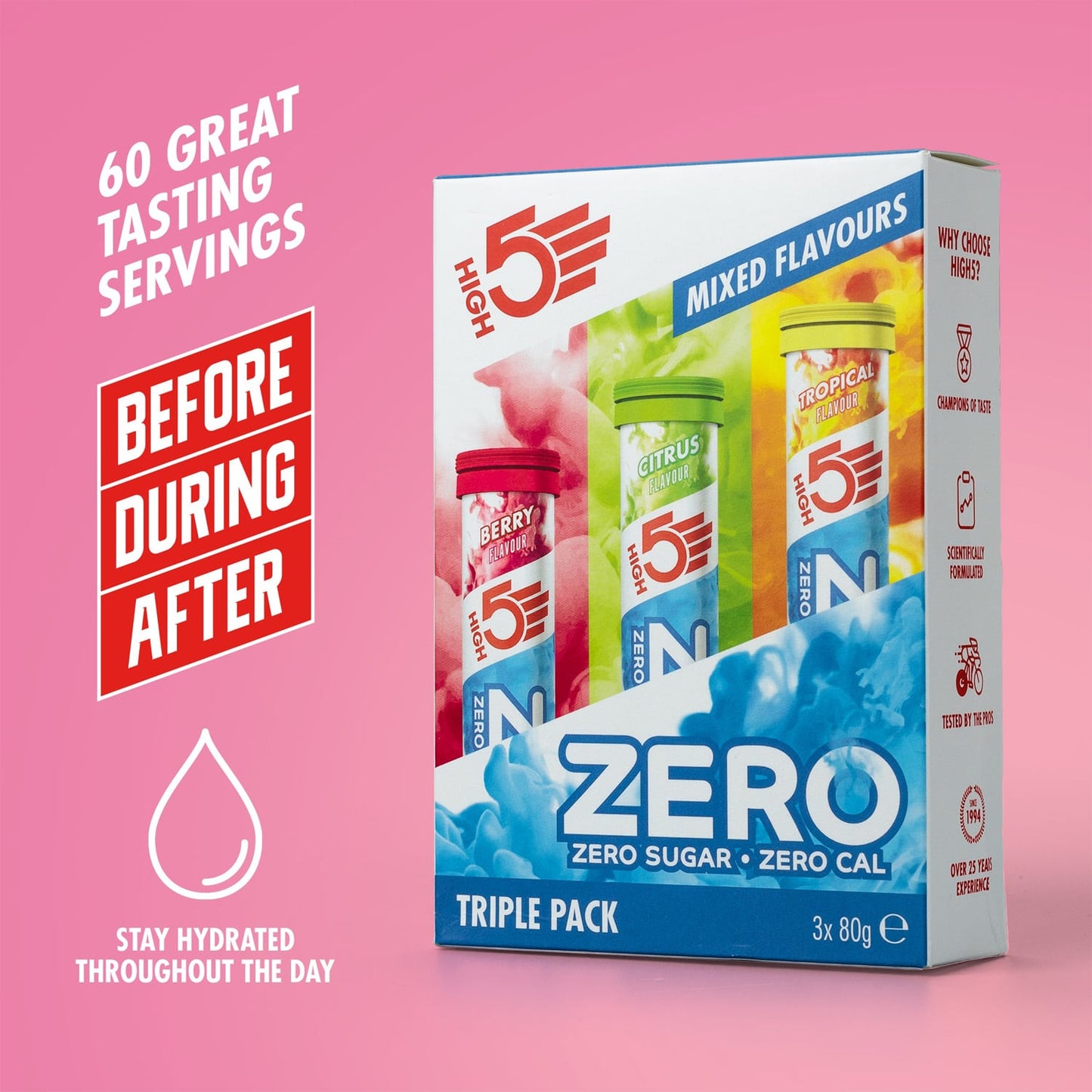 Embalagem de 3 tubos de 20 pastilhas anti-choque HIGH5 ZERO TRIPLE PACK para bebidas de fruta Vermelho/Limão/Tropical