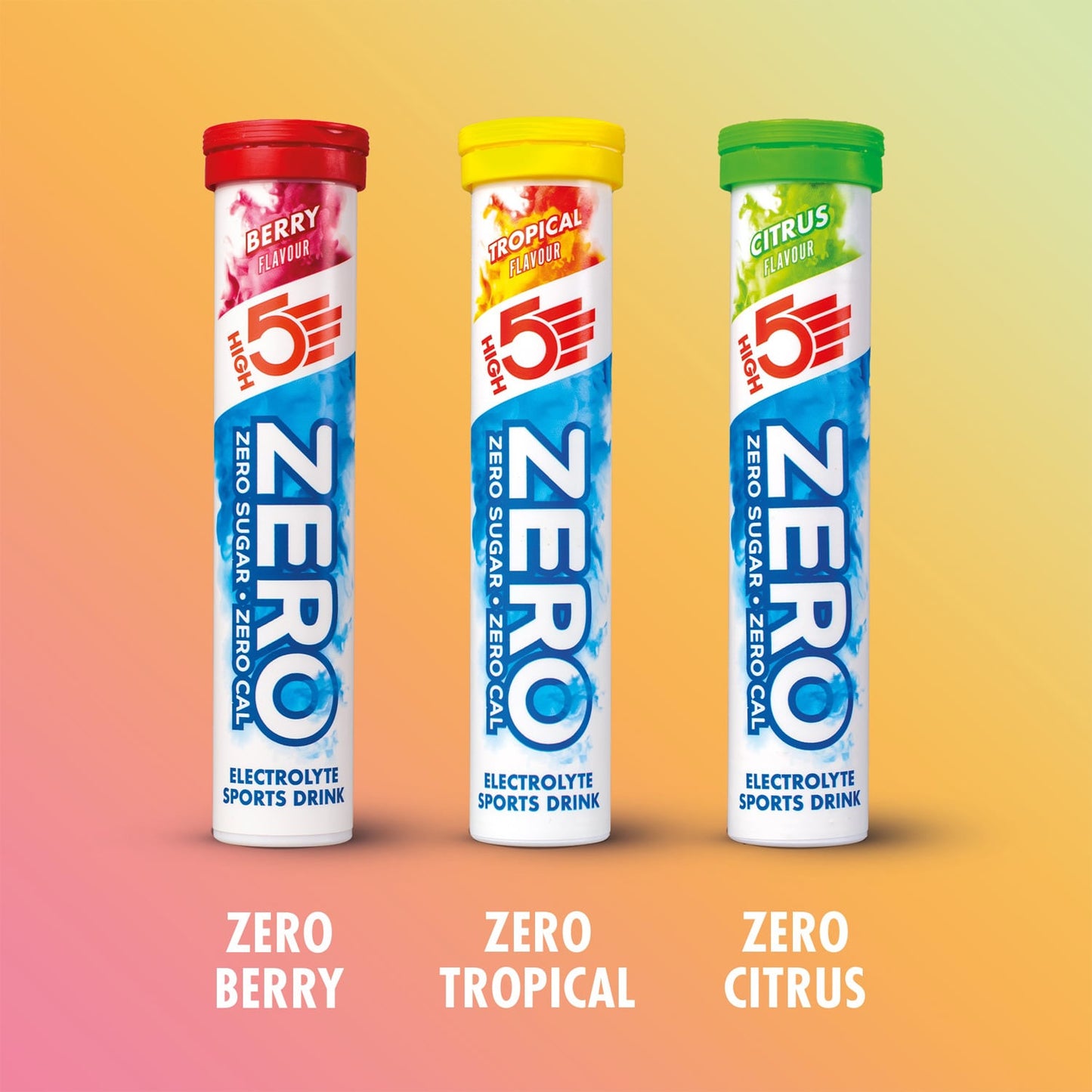 Embalagem de 3 tubos de 20 pastilhas anti-choque HIGH5 ZERO TRIPLE PACK para bebidas de fruta Vermelho/Limão/Tropical