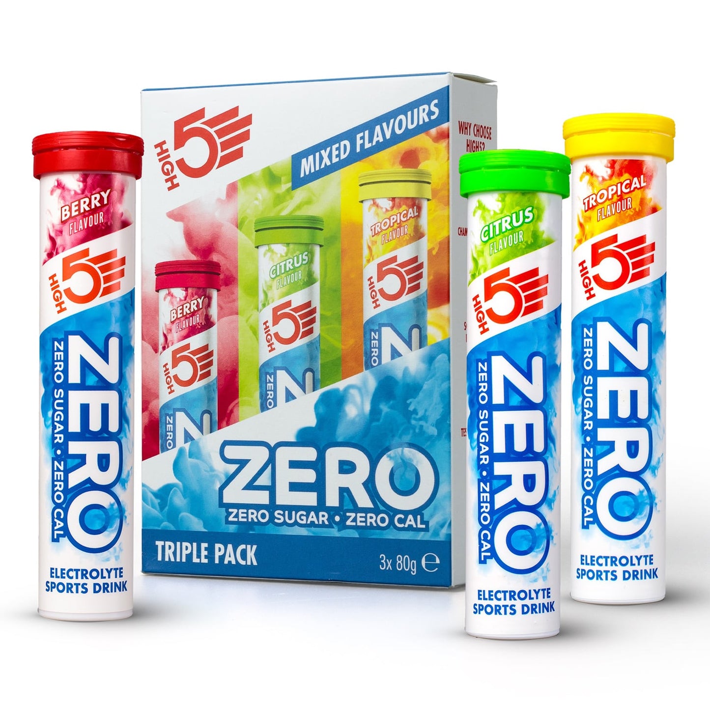 Embalagem de 3 tubos de 20 pastilhas anti-choque HIGH5 ZERO TRIPLE PACK para bebidas de fruta Vermelho/Limão/Tropical