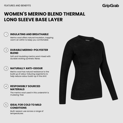 Camisola interior de manga comprida para mulher GRIPGRAB MERINO BLEND THERMAL preta