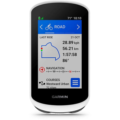 Conjunto GPS GARMIN EDGE EXPLORE 2 POWER com suporte alimentado — vista frontal, ecrã do percurso