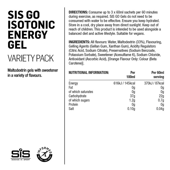 Embalagem de 7 géis energéticos SIS GEL GO ISOTONIC sem glúten (60 ml)