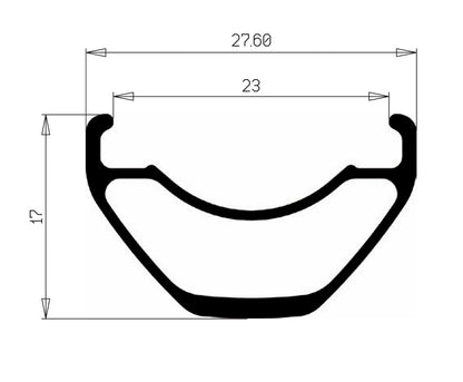 Perfil do aro HOPE FORTUS 23 W: largura externa de 27,6 mm, largura interna de 23 mm, altura de 17 mm