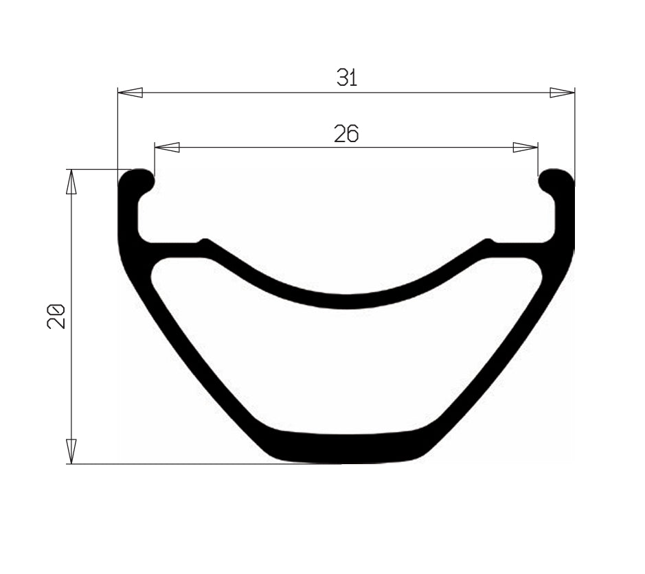 Perfil da jante HOPE FORTUS 26 W: largura externa de 31 mm, largura interna de 26 mm, altura de 20 mm