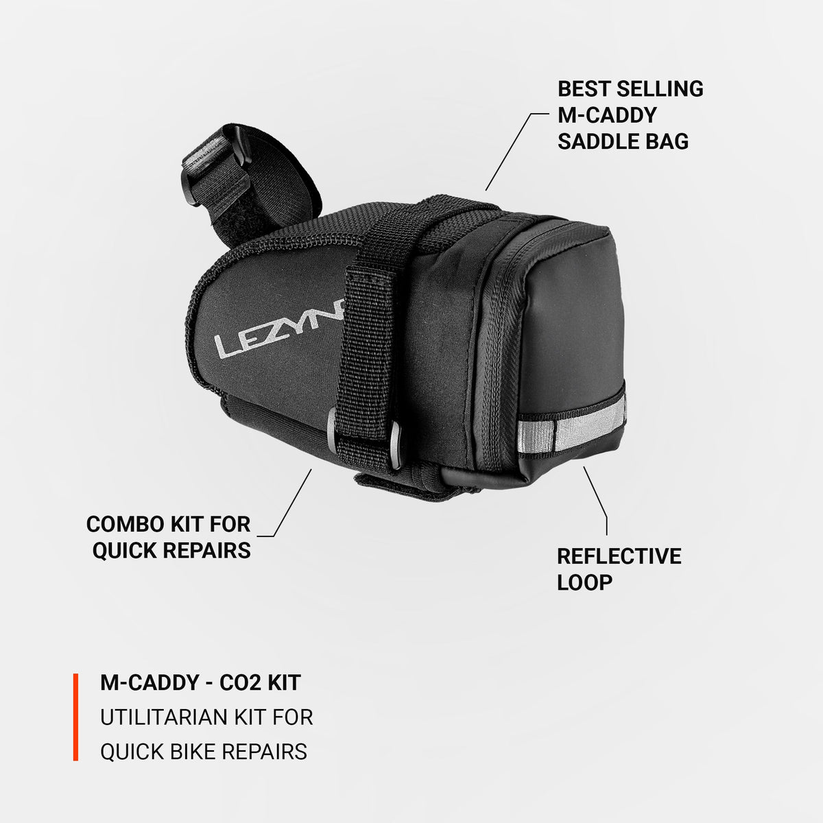 Bolsa de selim LEZYNE Caddy preta com kit de CO2
