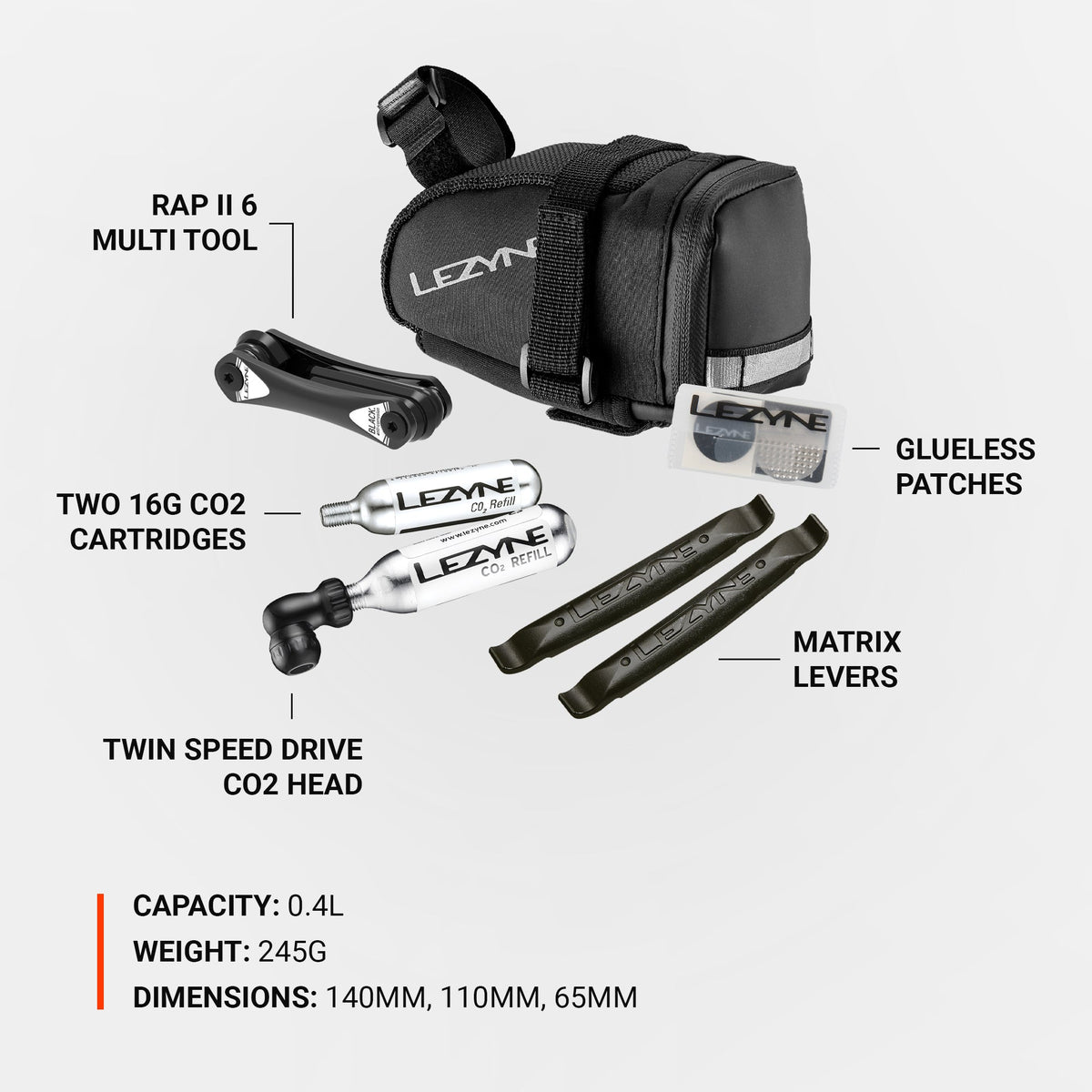 Bolsa de selim LEZYNE Caddy preta com kit de CO2