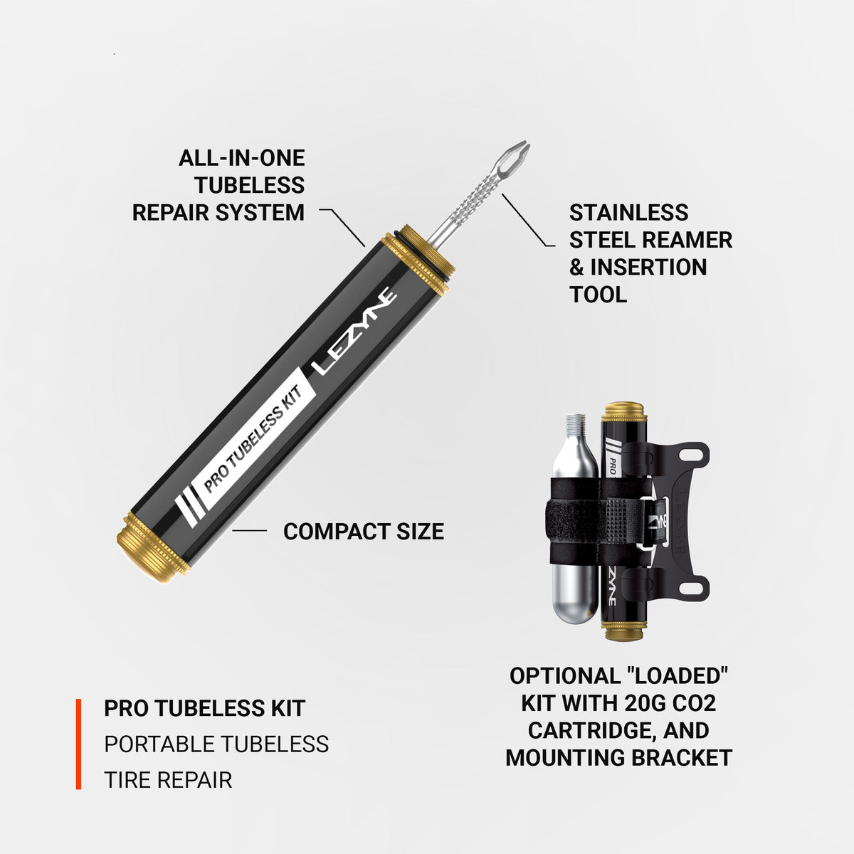 Kit de reparação tubeless LEZYNE PRO Loaded preto com cartucho de CO2 de 20 g