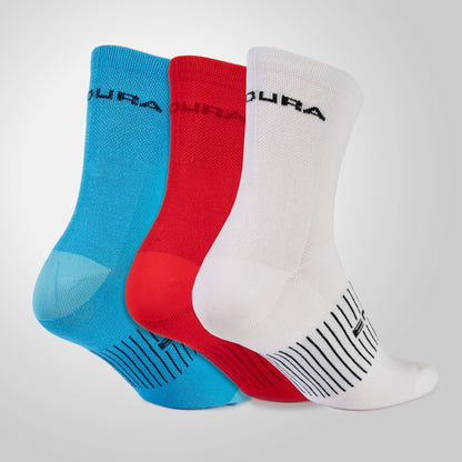 Meias ENDURA COOLMAX RACE 3 Pares Branco/Azul/Vermelho