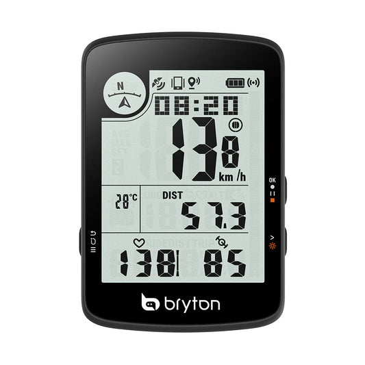 Ciclocomputador GPS BRYTON RIDER 17E — vista frontal, ecrã dos dados do percurso