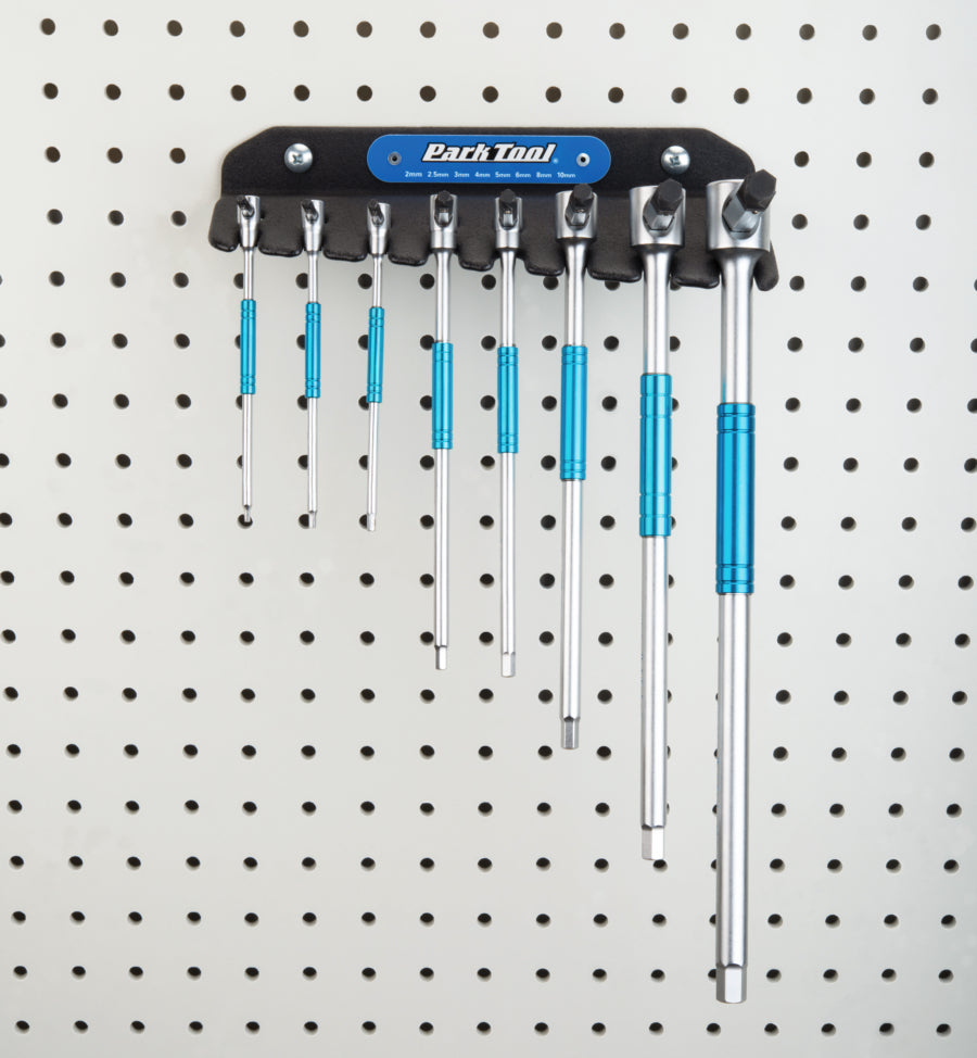 Suporte de parede Park Tool THH-1 fixado num painel perfurado