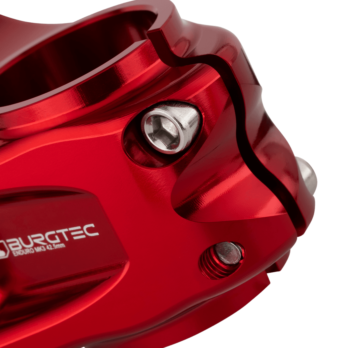 Avanço BURGTEC ENDURO MK3 vermelho — detalhe do aperto do tubo de direção